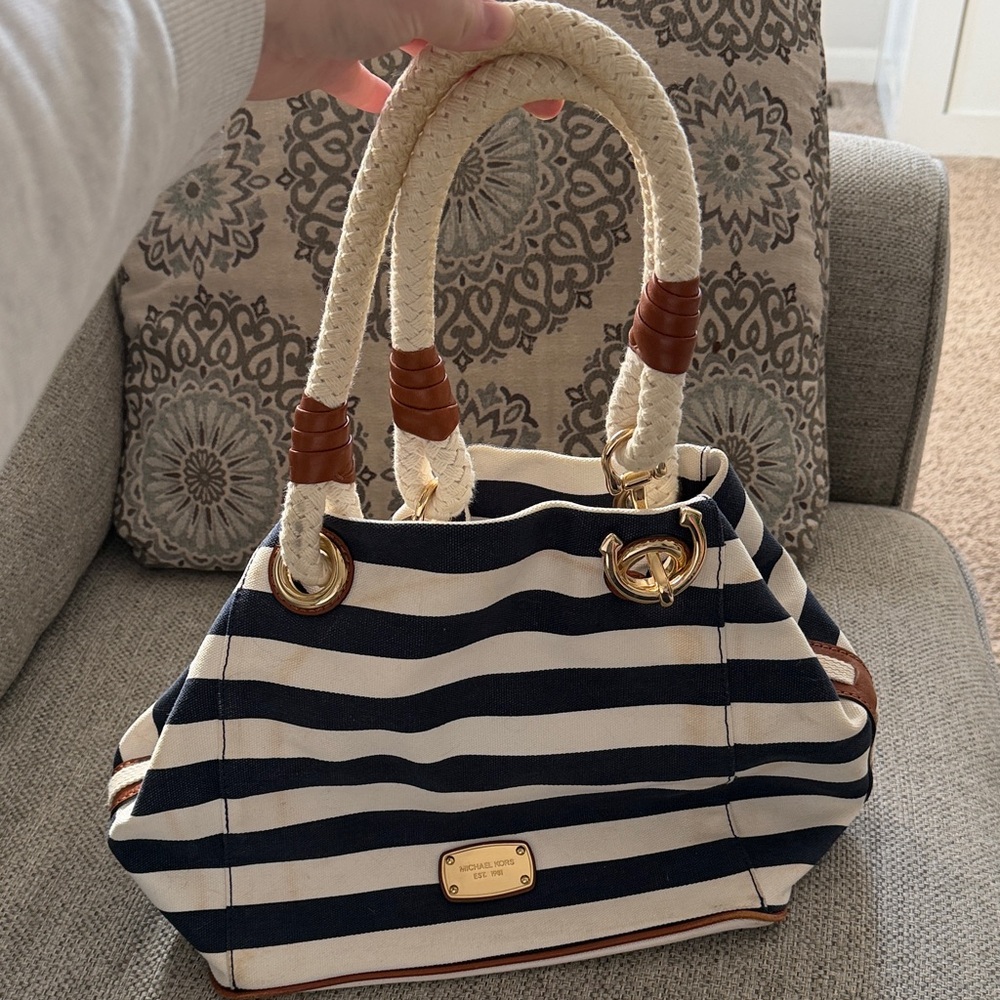 Michael Kors Navy and Cream Striped Shoulder Bag